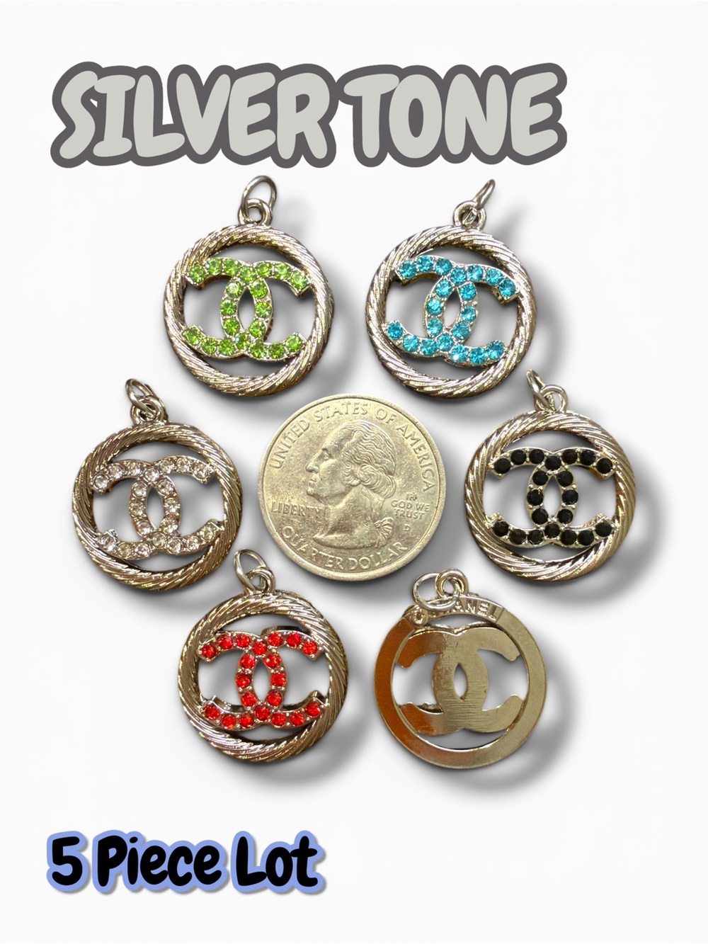 Lot Of 5 Round Silver Tone Zipper Pull Button Charms 22mm